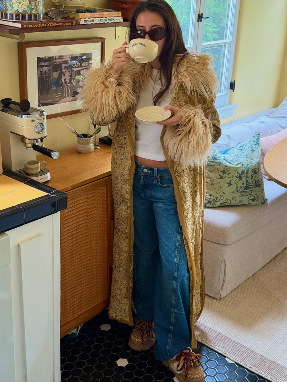 Free People Gold Crushed Velvet Robe with Faux Fur Cuffs